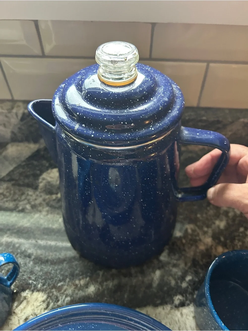 Coleman Blue Speckle Enamel Campware Set with Coffee Pot & Spoons